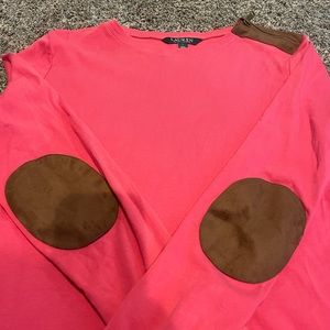 Ralph Lauren size large long sleeve pink, brown suede on elbows and zip shoulder